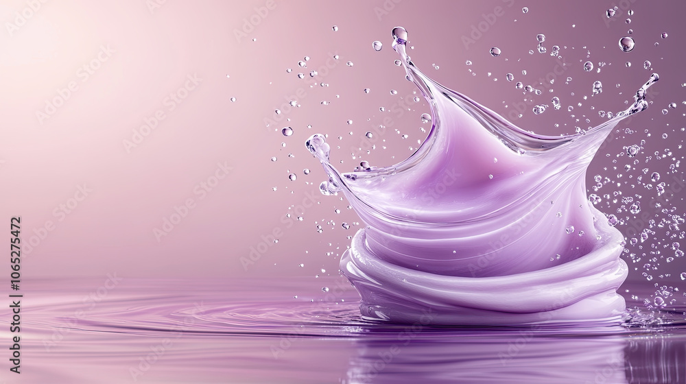 Poster dynamic purple scene with swirling liquid and splashes, creating artistic and vibrant visual effect.