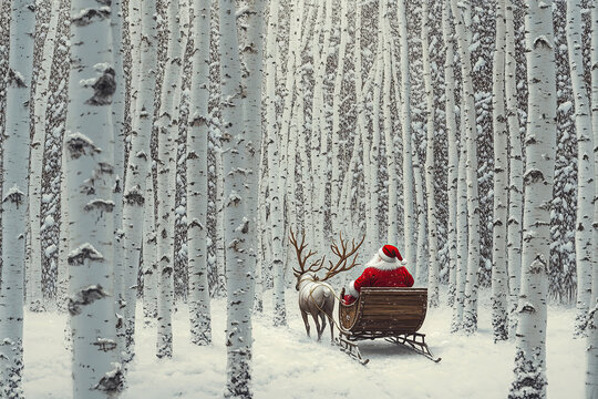 anta Claus Riding Through Snowy Birch Forest in Sleigh