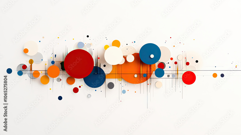 Poster geometric design featuring colorful circles and abstract shapes on white background, creating vibran