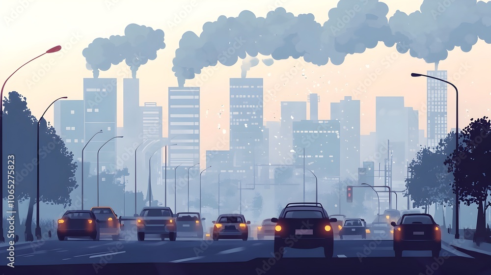Aufkleber congested urban traffic with hazy smog and vehicle emissions contributing to environmental pollution