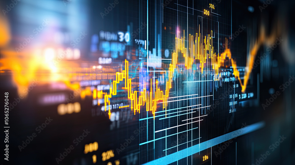 Poster digital representation of financial market analysis with vibrant graphs and data visualizations, sho