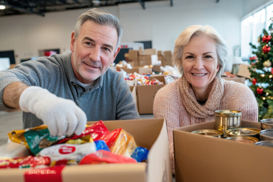 Christmas grocery donation, food bank, help to poor local families, homeless people, disaster victims. Volunteers working in community center and arranging donated food in boxes