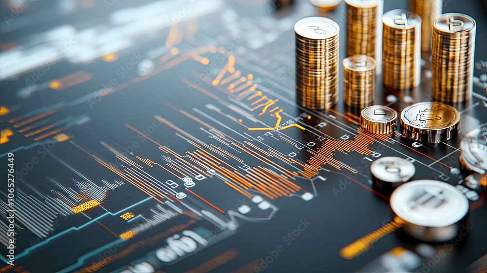 Poster close up view of digital financial chart with stacked coins, showcasing portfolio optimization and i