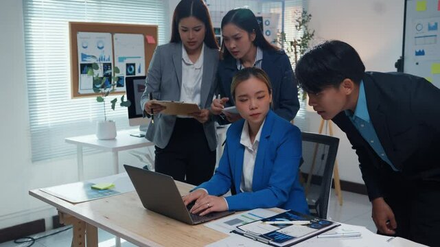 Business team members bullying a stressed manager woman create a tense and hostile work environment filled with anxiety