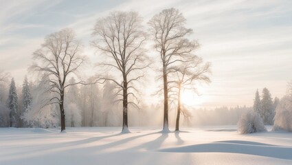 Obraz premium Beautiful winter sunrise illuminating a snowy landscape with tree silhouettes at dawn.