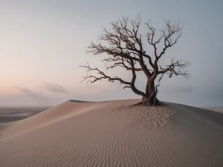 A solitary tree stands on a windswept sand dune under a muted sky in an empty landscape at dusk.