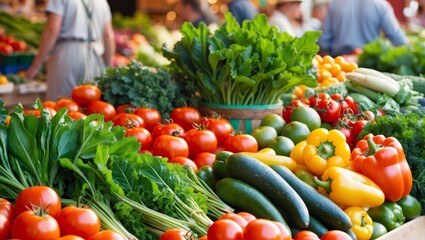 Colorful assortment of fresh vegetables at a bustling farmer's market.