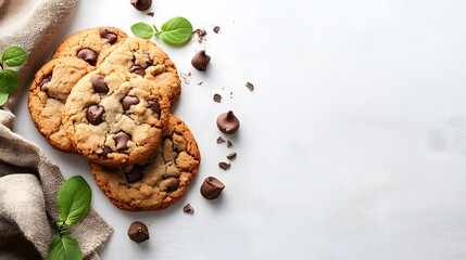 Delicious chocolate chip cookies with a soft texture and a touch of greenery.