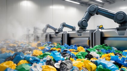 Robotic sorting system at a recycling facility with plastic waste.