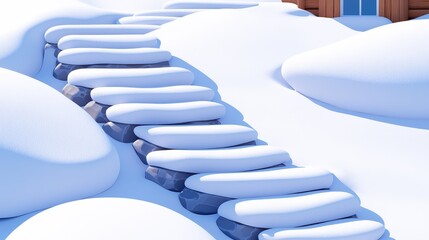 Fototapeta premium Explore the serene pathway through a snow-covered landscape leading to a cozy cabin retreat