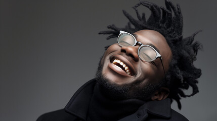 Joyful Man Laughing With Glasses in a Dark Setting Showcasing Pure Happiness and Positivity