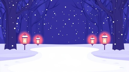 Fototapeta premium Enchanting winter pathway illuminated by lanterns under a starry night sky