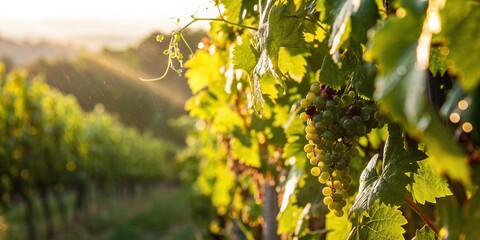 Fototapeta premium Sunlit Vineyard with Green Grapes and Leaves