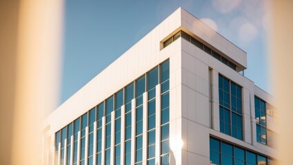 Fototapeta premium Modern architectural design of a sleek office building in sunlight.
