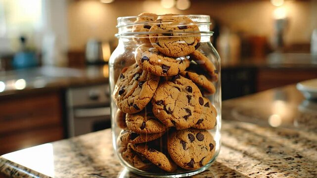 Delicious Chocolate Chip Cookies in Glass Jar on Granite Countertop in Cozy Kitchen Setting with Warm Lighting