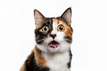 Obraz premium Shocked & Surprised Calico Cat, Isolated on White Background with Funny & Excited Expression