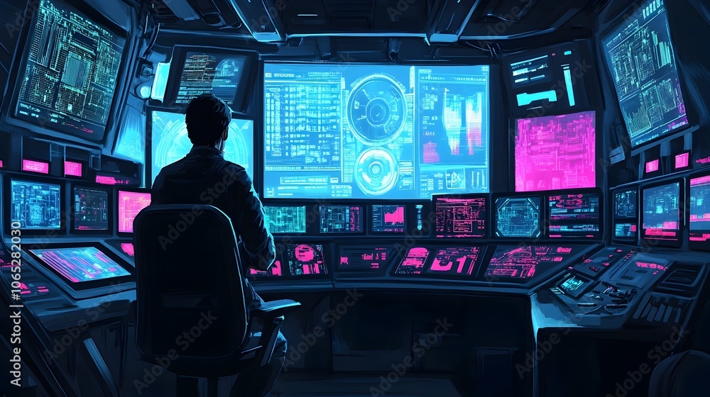 Aufkleber futuristic control room with neon-lit screens displaying real-time data and analytics