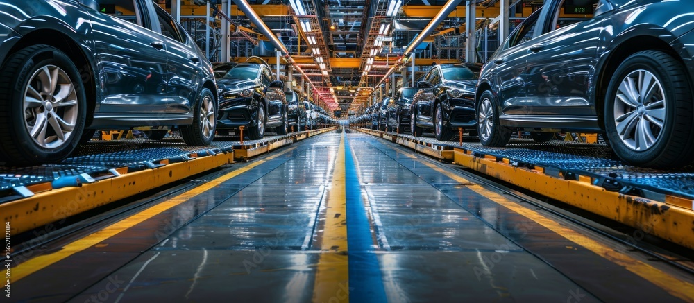 Aufkleber wide view of a state-of-the-art automobile production line in a modern factory with several cars bei