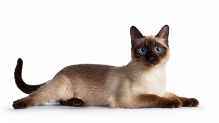 Siamese cat lying on white background.
