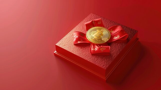 Red gift box with gold coin on a red background