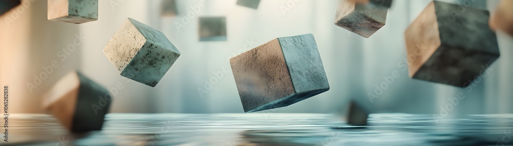 Poster abstract composition of textured cubes floating over a rippling water surface