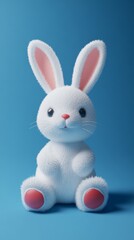 Cute White Bunny Toy with Pink Accents on a Blue Background