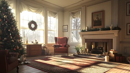 Cozy holiday living room with a tree and warm sunlight streaming through the windows.