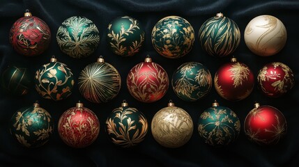 A collection of luxurious Christmas balls in deep red, forest green, and gold, decorated with intricate baroque patterns, glistening under warm candlelight