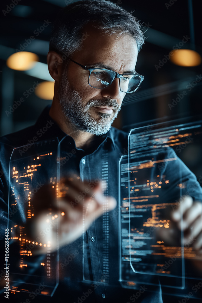Poster a man in glasses reviews digital data on a transparent display while working late in a modern office