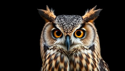 Fototapeta premium Detailed portrait of a female great horned owl against a dark background highlighting her features
