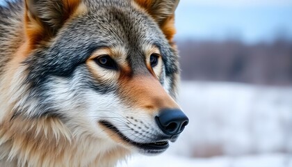 Fototapeta premium Wild wolf portrait highlighting its sharp teeth and intense gaze with a fading snowy landscape.