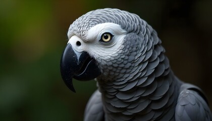 Obraz premium close-up portrait of a grey parrot with sharp beak intense eyes against a blurred green background