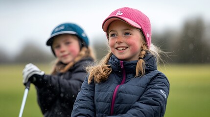 Two young girls smiling on a golf course, one holding a golf club.