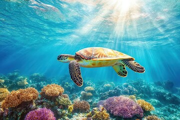 Obraz premium A serene underwater scene with a sea turtle, and vibrant coral reefs in crystal-clear water, highlighting the beauty of marine life and the importance of environmental protection.AI Generation