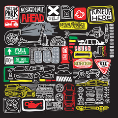 vector set doodle of car culture, include signage, icon, objects, and other misc about car culture.