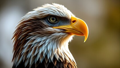 Fototapeta premium A close-up portrait of a bald eagle with its distinctive hooked beak, piercing eyes, and feathered head
