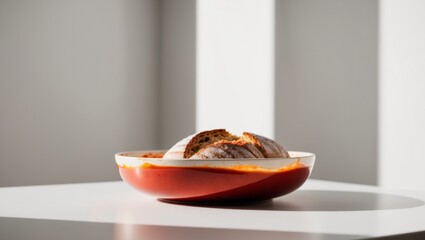 Freshly baked sourdough bread with marinara sauce in a bowl.
