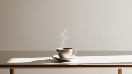 A cup of freshly brewed coffee on a bright table in natural light.