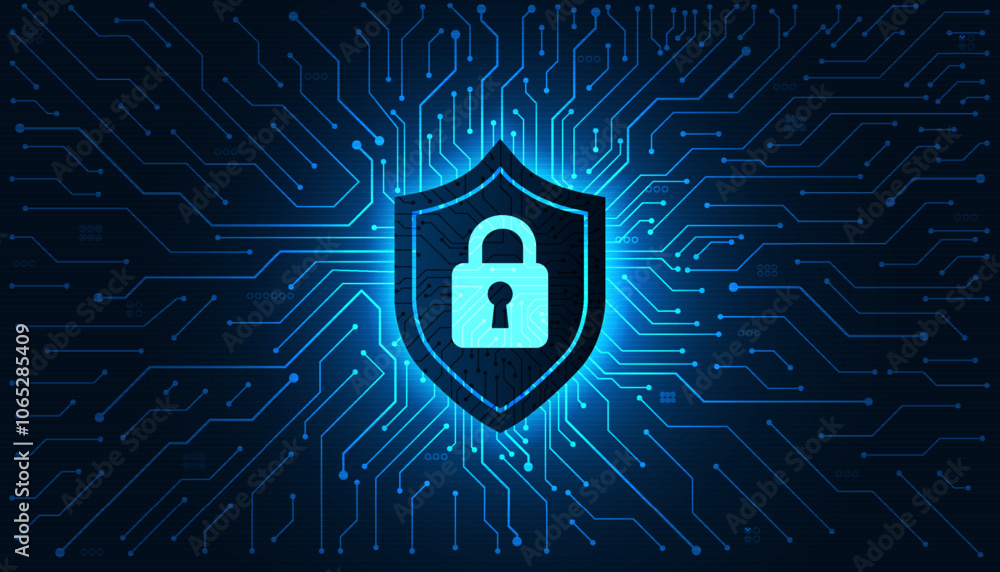 Poster cyber security vector background, shield lock in futuristic concept of internet privacy and cyber pr