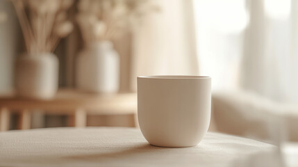 Fototapeta premium Minimalist ceramic mug on soft linen surface in calm neutral tones