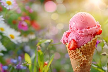 Strawberry ice cream in a waffle cone on a sunny day, a perfect summer dessert for outdoor enjoyment