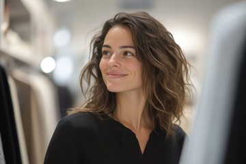 Fototapeta premium A woman with textured wavy hair looks joyfully to the side in a fashionable boutique, her expression exuding warmth and capturing an essence of stylish calm.