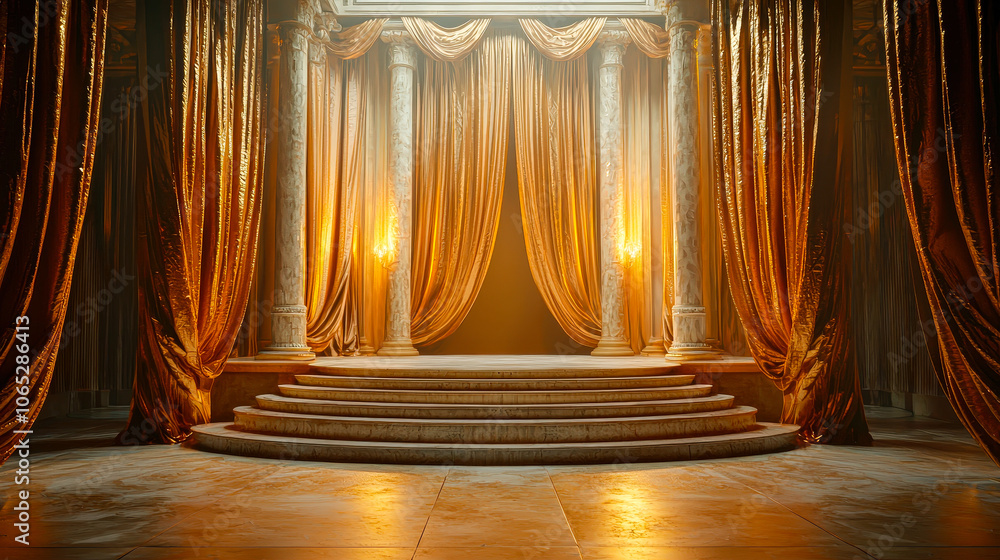 Poster soft golden light illuminates the ornate columns and rich drapery, setting a captivating atmosphere 