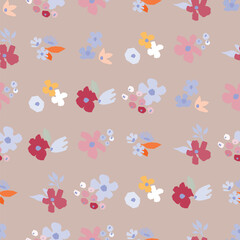 A seamless floral pattern featuring blooms and leaves on a coral pink background. Flower vector illustration