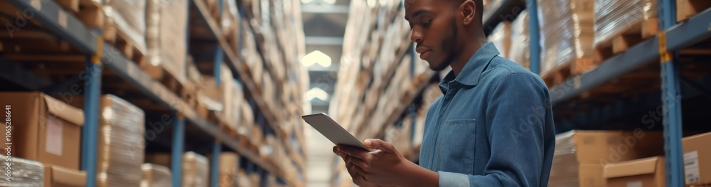 Poster in a vast storage facility, a warehouse worker showcases professionalism and efficiency while using 