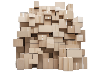Stacked cardboard boxes in a warehouse setting during daylight, transparent
