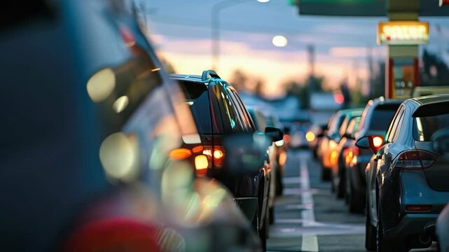 Traffic jam with long car queue at pump station