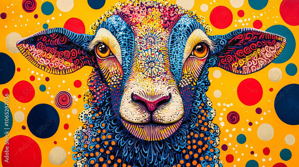 Fototapete a sheep with intricate patterns and bright colors stands out against a vivid yellow background fille