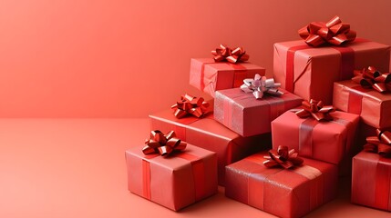 Obraz premium Colorful stack of red gift boxes with bows against a warm coral background.