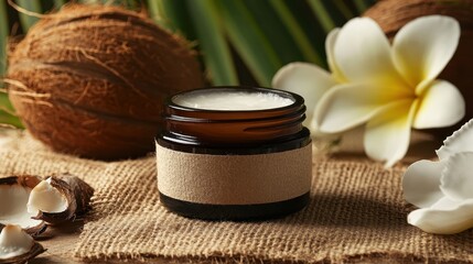 A vintage jar of coconut oil sits on burlap, surrounded by shells and tropical flowers